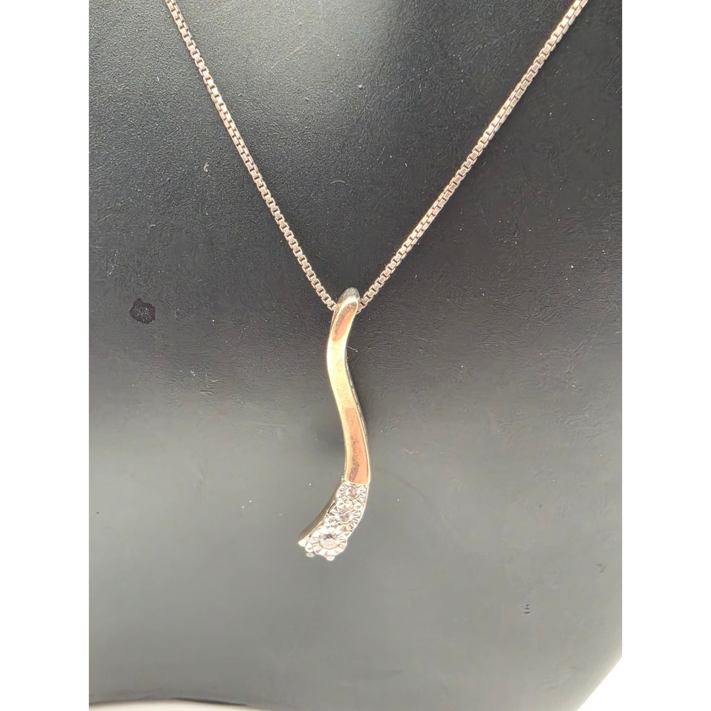 925 Sterling Silver 10K Gold Diamond Curved Wave Pendant Box Chain Necklace 18"